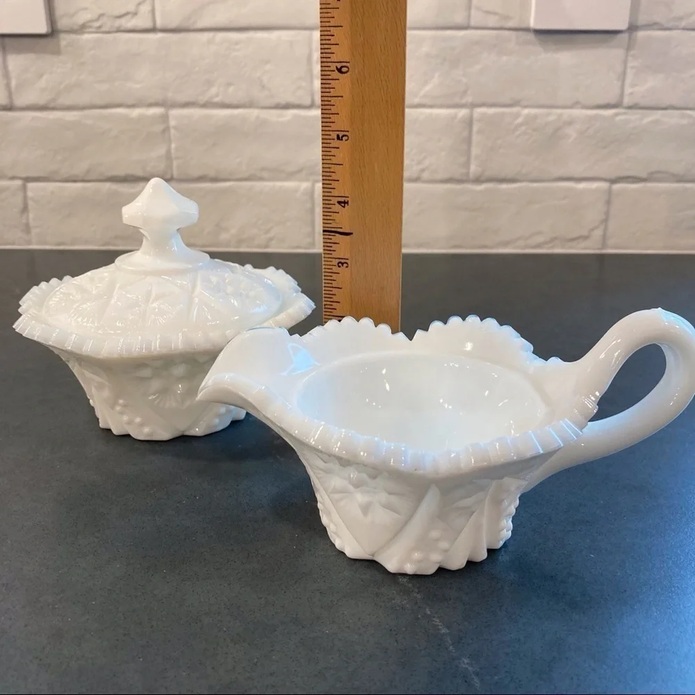 Vintage Kemple milk glass set sugar creamer cut glass set